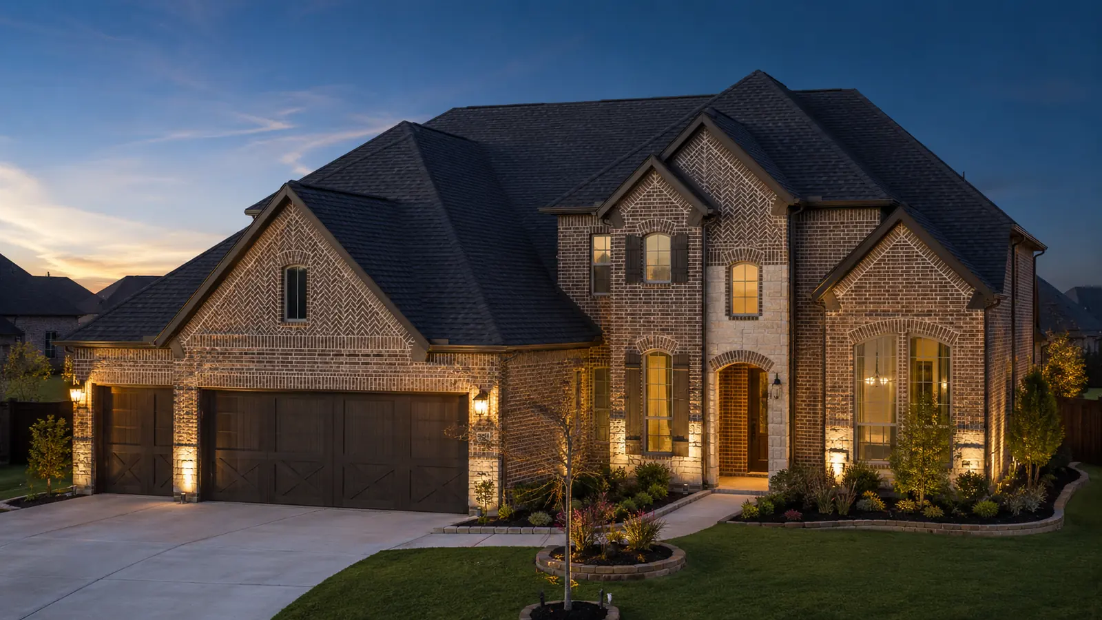 A freshly completed architectural shingle roof on a two-story Frisco brick home at golden hour
