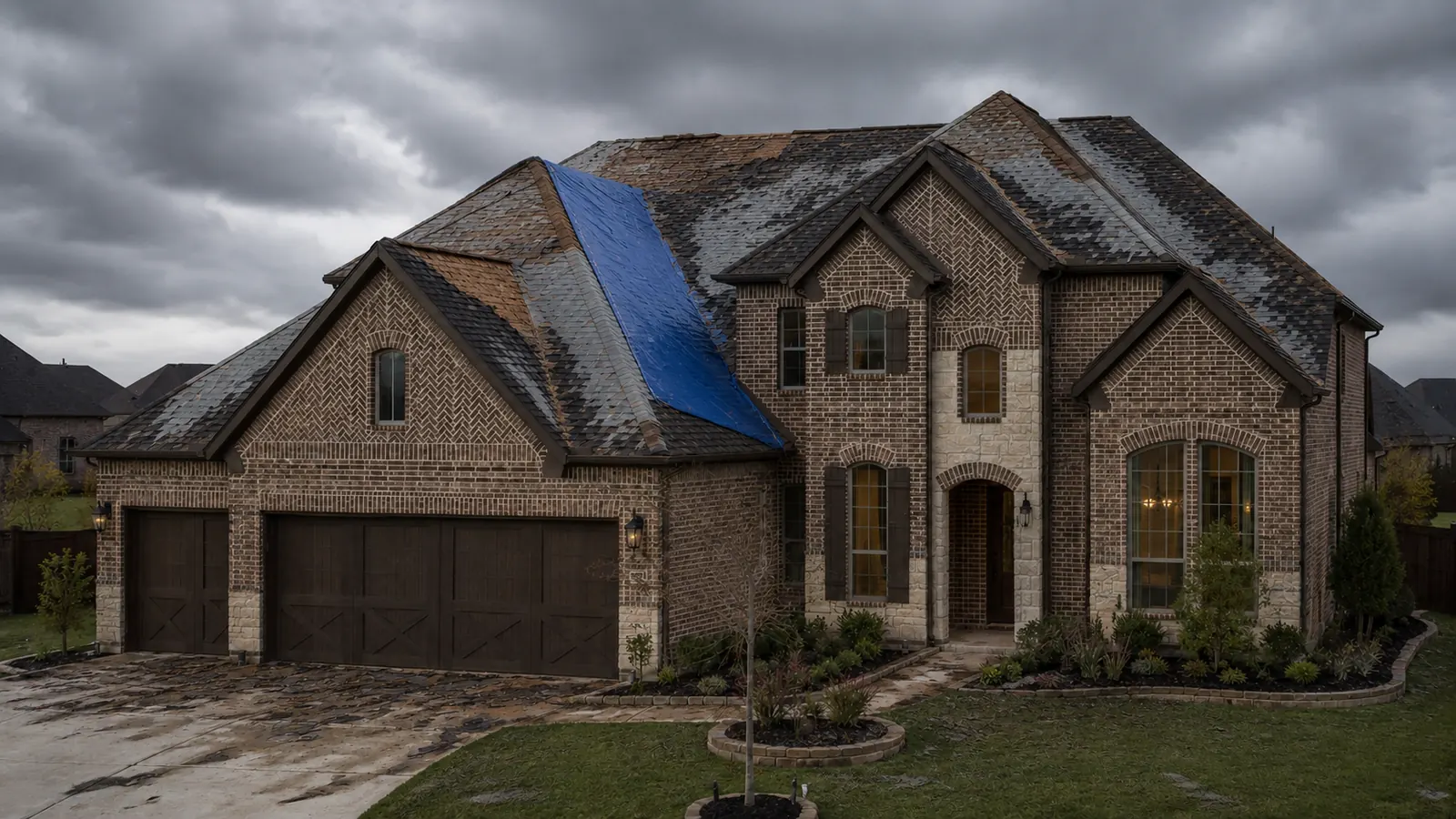 Frisco roof with hail-stripped shingles, a blue tarp, and shingle debris in the yard